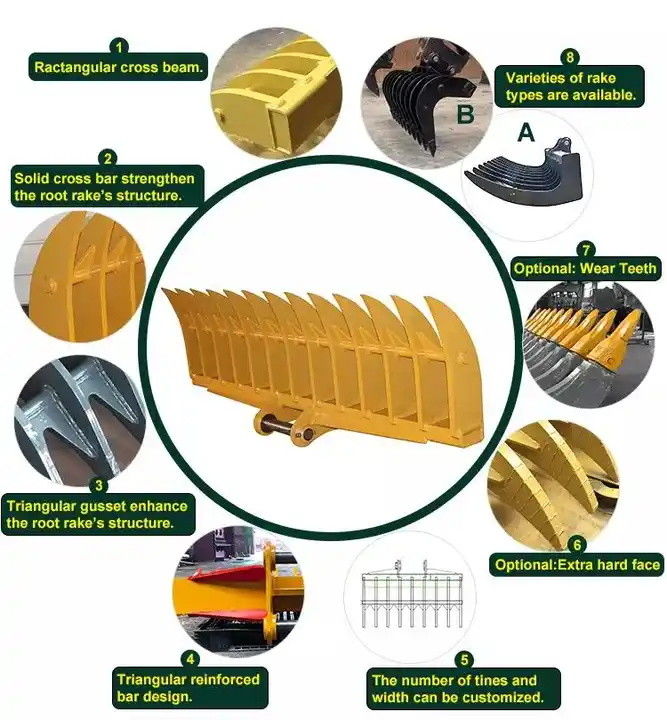 10-20T Root Rake สําหรับเครื่องขุดที่กวาดเศษขยะขนาดใหญ่ที่เหลืออยู่บนพื้น